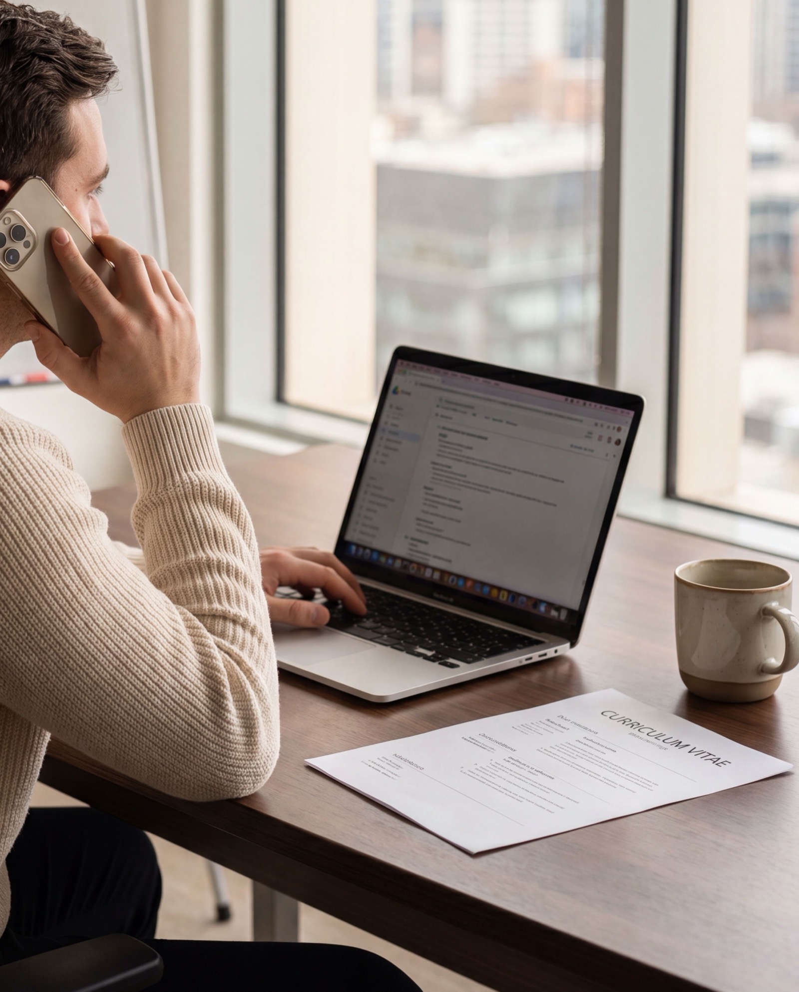 RFT Recruitment consultant on the phone reviewing a CV at their Manchester office desk