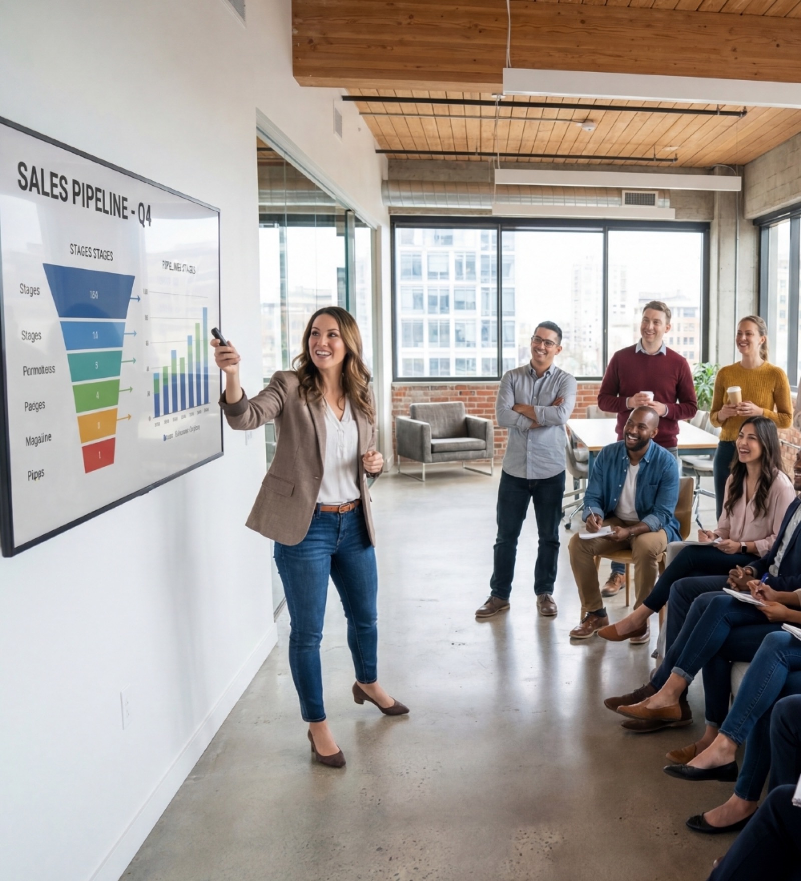 Sales team collaborating in a modern workspace